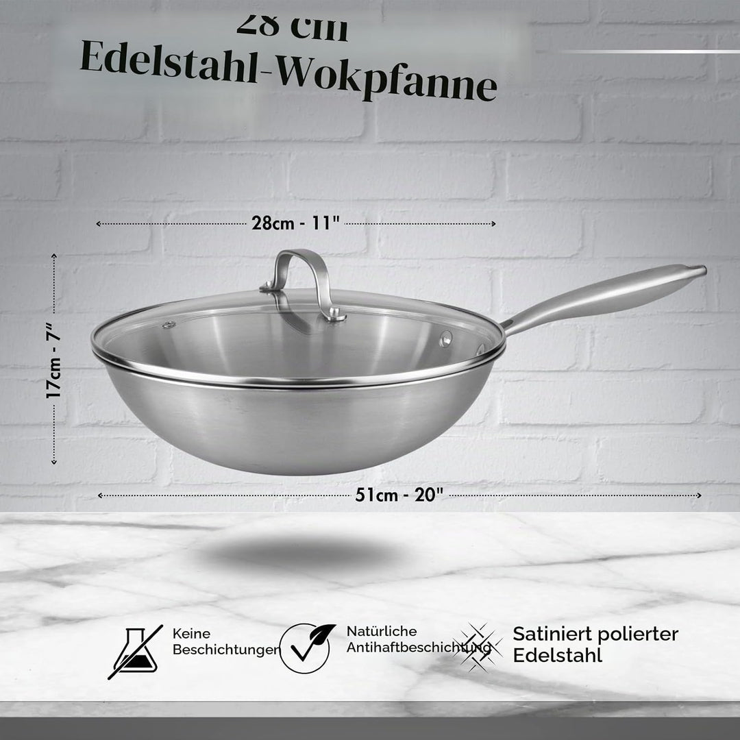 Nuovva Edelstahl Wokpfanne Antihaft – Induktionsgeeignete tiefe Pfanne zum Braten &amp; Wok-Kochen – 28