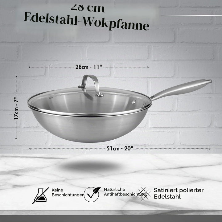 Nuovva Edelstahl Wokpfanne Antihaft – Induktionsgeeignete tiefe Pfanne zum Braten &amp; Wok-Kochen – 28
