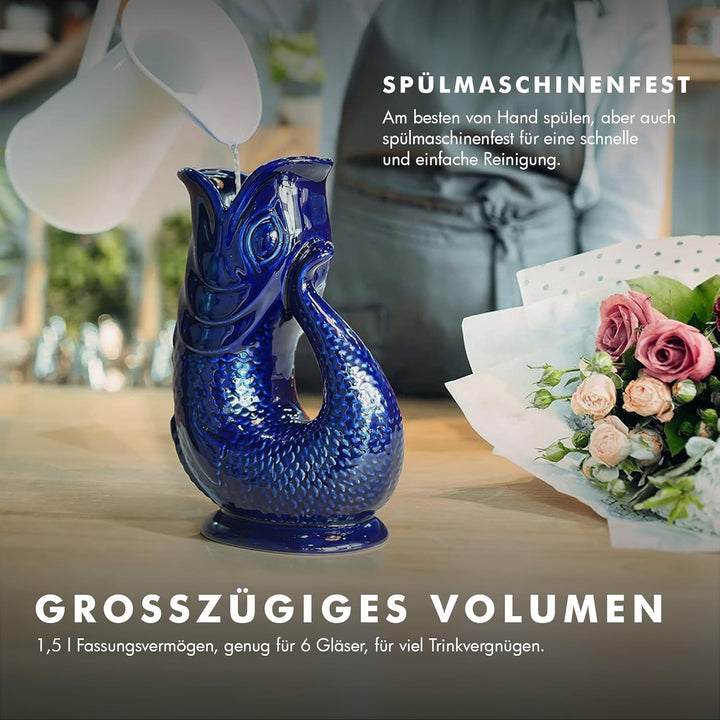 Bubble Jug | Wasserkaraffe | Keramikkrug in Fischform | 1,5 L | Enteneiblau Enteneiblau 1.5L, Entene