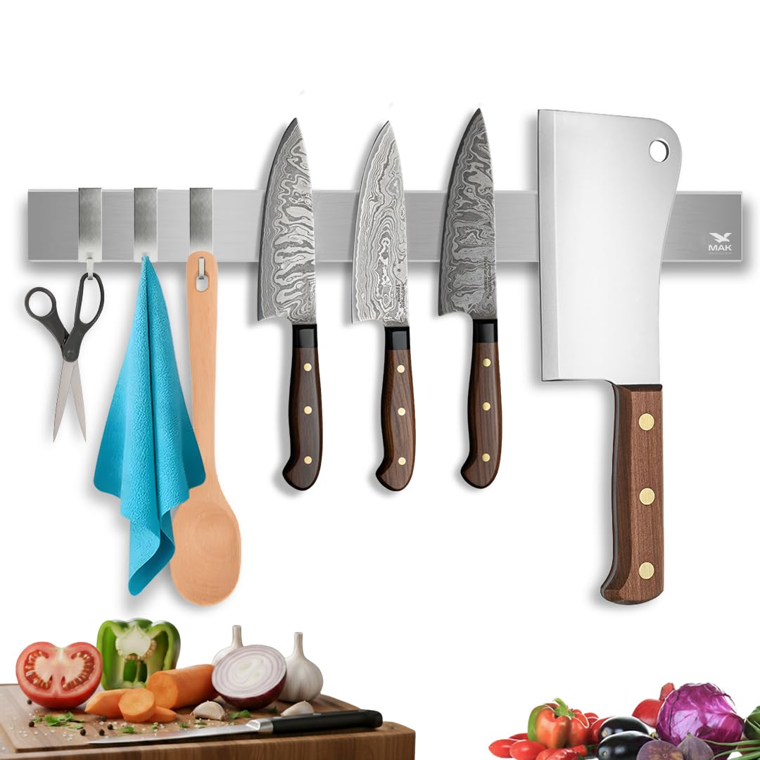 Starker magnetischer Messerhalter 40 cm – Edelstahl Messerleiste in Silber zur Wandmontage mit 3 Hak