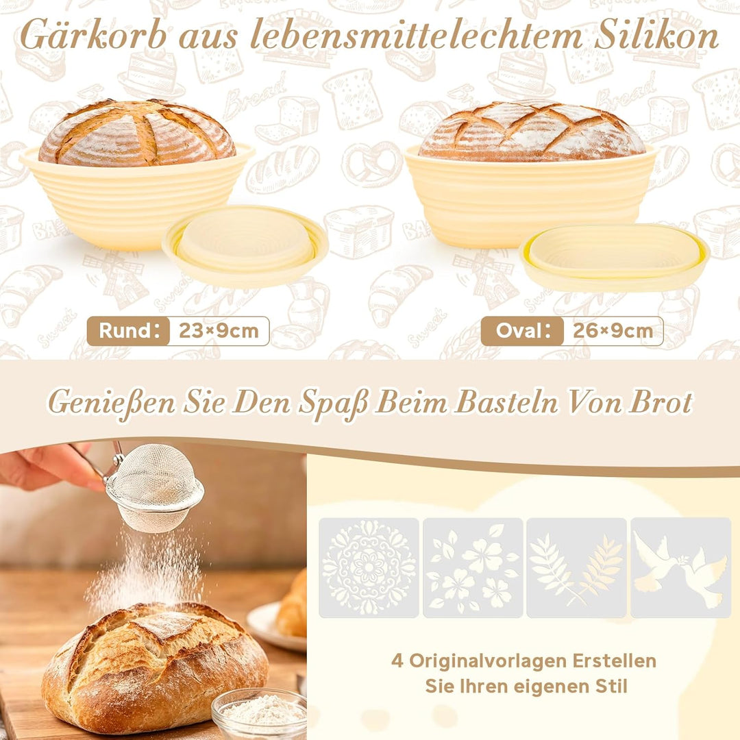 Sauerteig Starter Set, 16-teilig Gärkorb Brot Set, Brot Backen Zubehör, Gärkörbchen Oval und Rund 25
