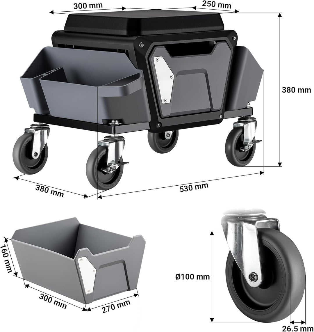 Wiltec Rollsitz 53 x 38 x 38 cm bis 120 kg, Werkstatthocker mit Rollen, Rollhocker mit Werkzeugablag