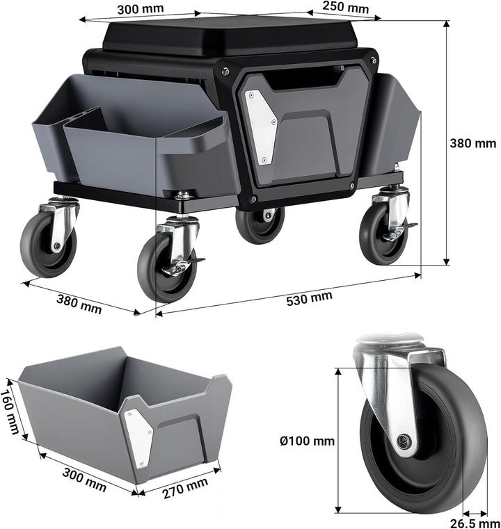 Wiltec Rollsitz 53 x 38 x 38 cm bis 120 kg, Werkstatthocker mit Rollen, Rollhocker mit Werkzeugablag