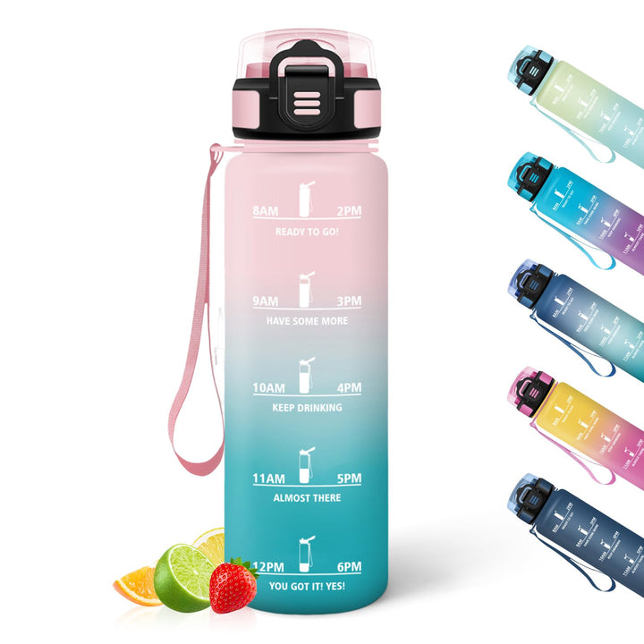 HoneyHolly Trinkflasche 1L, Zeitmarkierung, Wasserflasche, Auslaufsicher, Trinkflasche Sport, Wieder