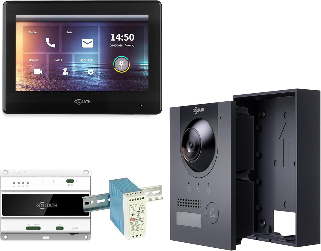 GOLIATH Full-HD Video Türsprechanlage, Aufputz Türstation in Anthrazit, 1 Familienhaus Set, Touchscr