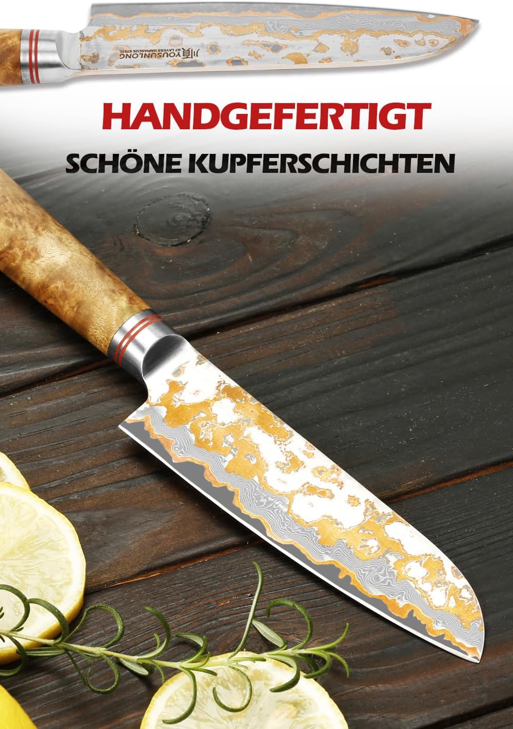 YOUSUNLONG Santoku-Messer 120mm - Handgefertigtes Japanisches Kochmesser mit KupferDamaszener Stahlk