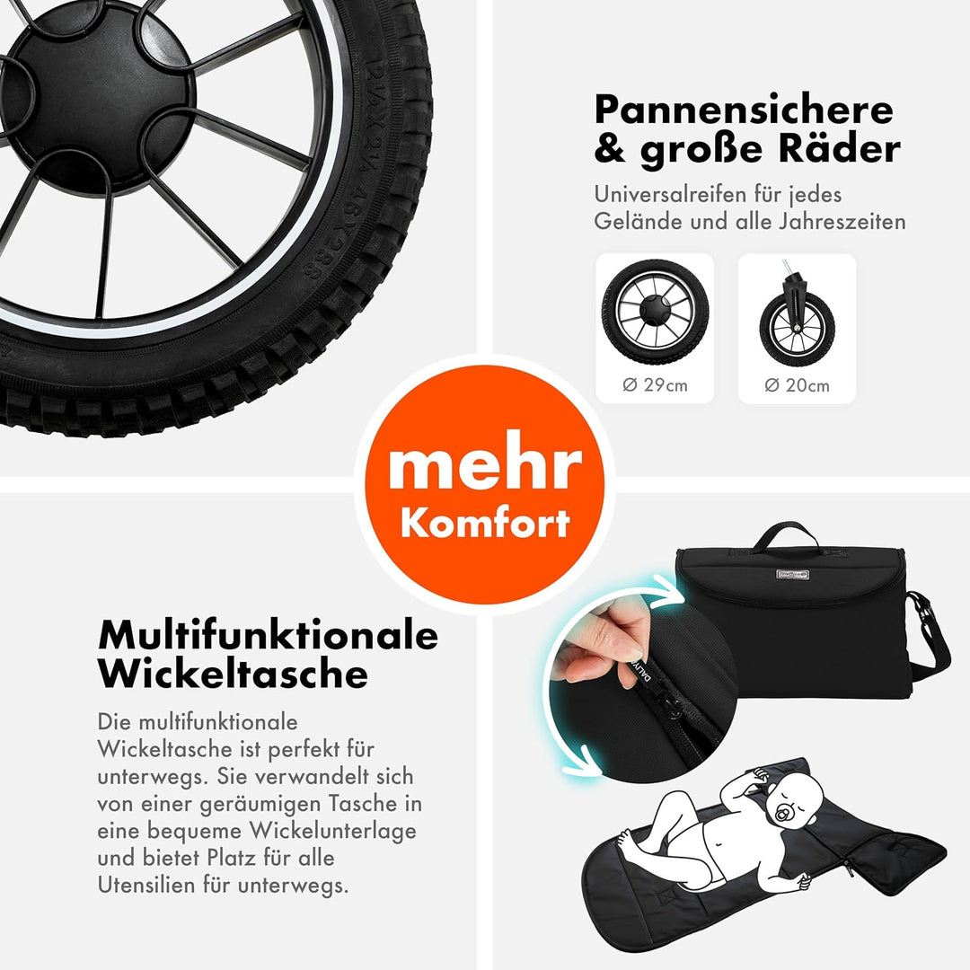 Daliya® FLEXI-PRO M 2in1 Kinderwagen & Buggy (Schwarz Uni), Schwarz Uni