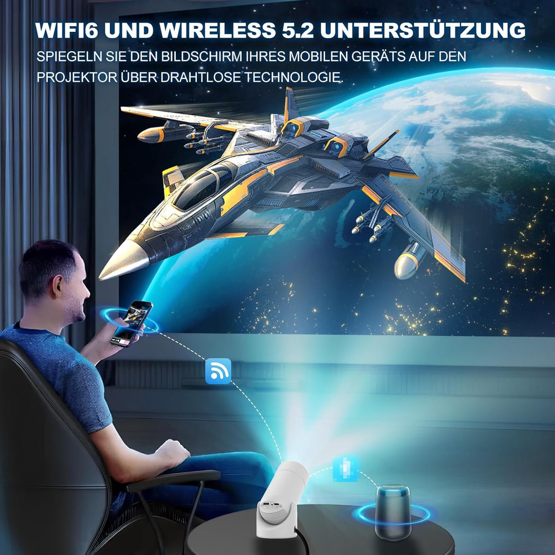 Mini Beamer mit WLAN 6 & Bluetooth 5.0, VenirCool P2 Tragbarer Projektor 13000L, 4K Unterstützung, E