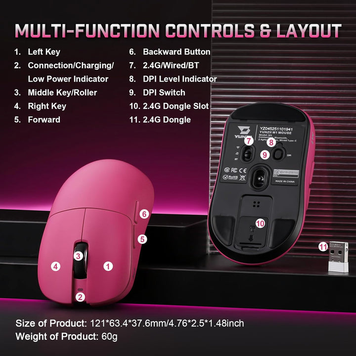 YUNZII M1 Kabellose Gaming-Maus, BT/2.4G Wireless/Wired Ultralight Mouse, PAW3311-Sensor 10000 DPI,