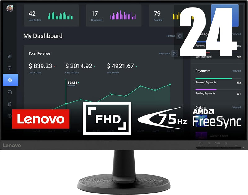 Lenovo D24-45 | 23,8" Full HD Monitor | 1920x1080 | 75Hz | 250 nits | 4ms Reaktionszeit | HDMI | VGA