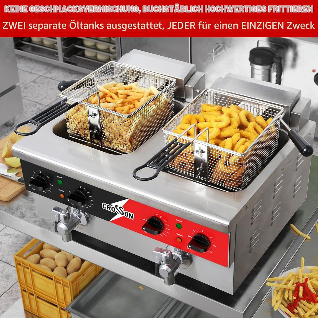 CROSSON Elektrische Fritteuse mit zwei Tanks, Abfluss, festem Korb und Deckel für den Restaurant- un