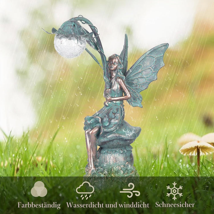 TERESA'S COLLECTIONS Gartenfiguren für aussen, Gartendeko für draussen, 35cm Sitzende Elfen mit Sola