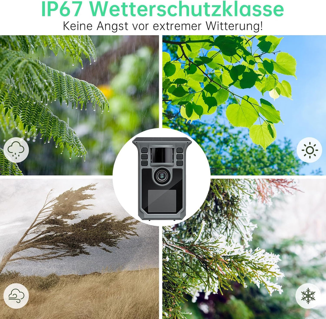 4K 64MP Wildkamera mit Handyübertragung APP, Solar WLAN Bluetooth Eingebaute 5000mAh, 64GB Speicherk