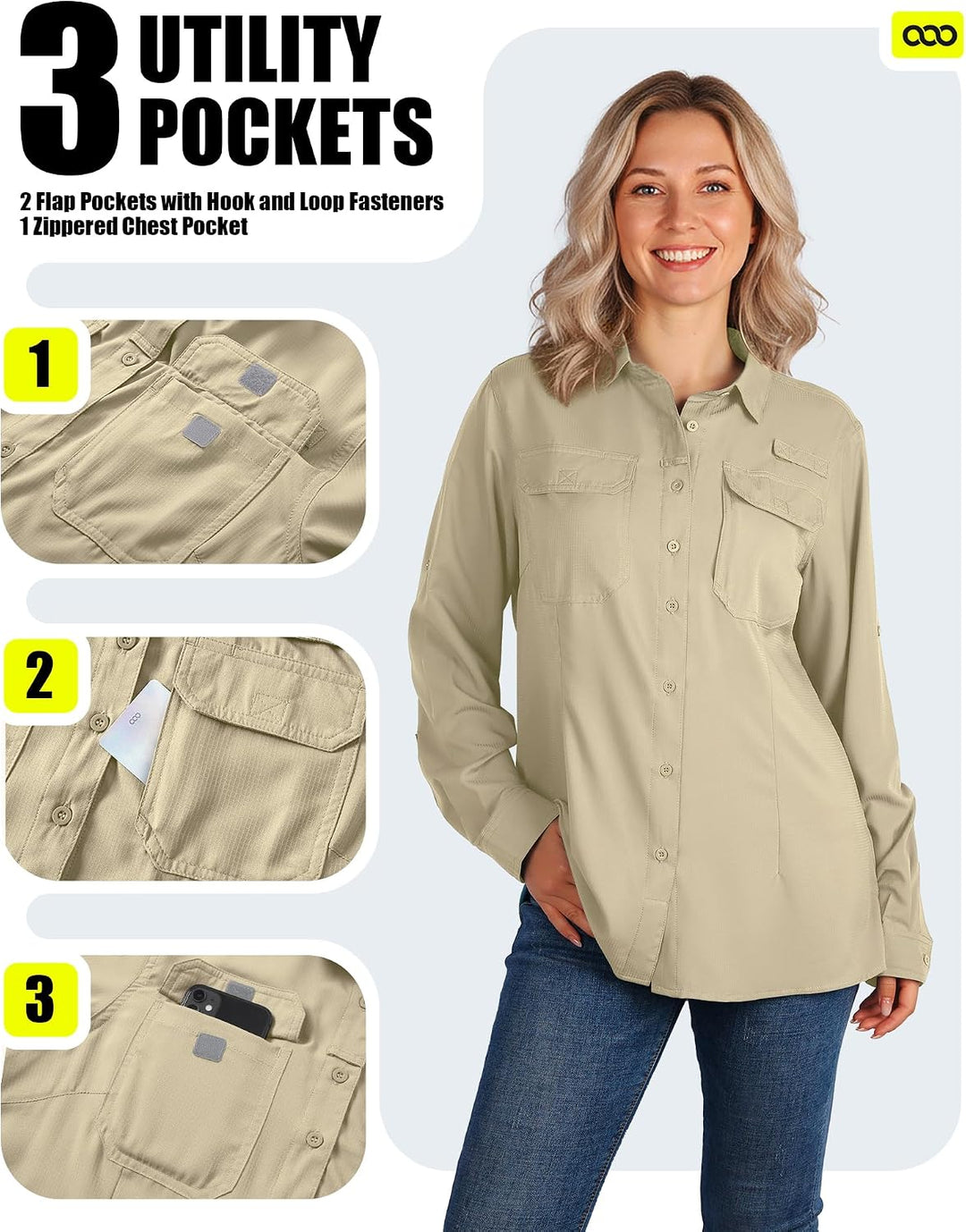 33,000ft Hemdbluse Damen UPF50 UV Schutz Hemd Schnelltrocknende Button-Down Shirts Atmungsaktive Wan