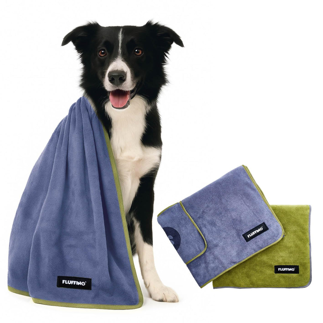 FLUFFINO® Hundehandtuch – Saugfähig, Weich u. Waschbar (2er-Pack, 120x70 cm, Grau & Grün, 60°C wasch