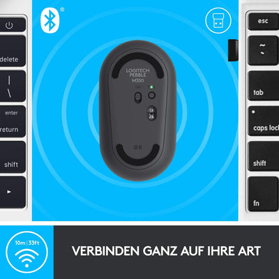 Logitech M350 Pebble Kabellose Maus, Bluetooth und 2.4 GHz Verbindung via Nano USB-Empfänger, 18-Mon