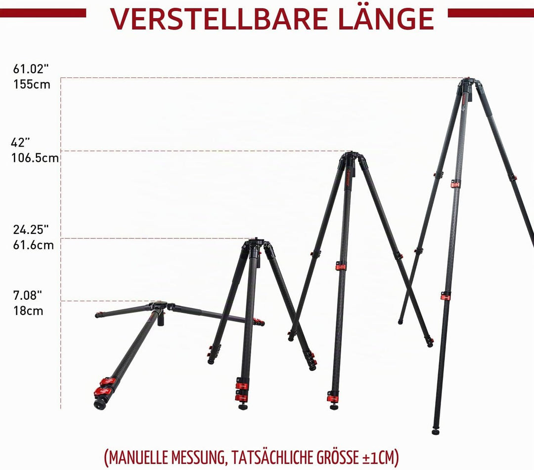 IFOOTAGE Gazelle TC7 61"/155 cm Kamera Stativ,Kohlefaser Videostativ,3 Abschnitte mit Mittelstange,