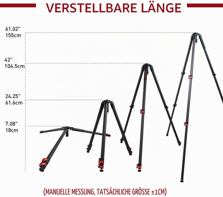 IFOOTAGE Gazelle TC7 61"/155 cm Kamera Stativ,Kohlefaser Videostativ,3 Abschnitte mit Mittelstange,