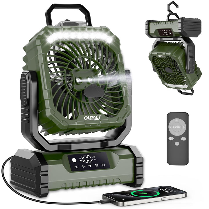 Ventilator Camping mit Sprühnebel, Akku Ventilator 20000mAh mit LED Licht, Haken, 270° Drehung, Trag
