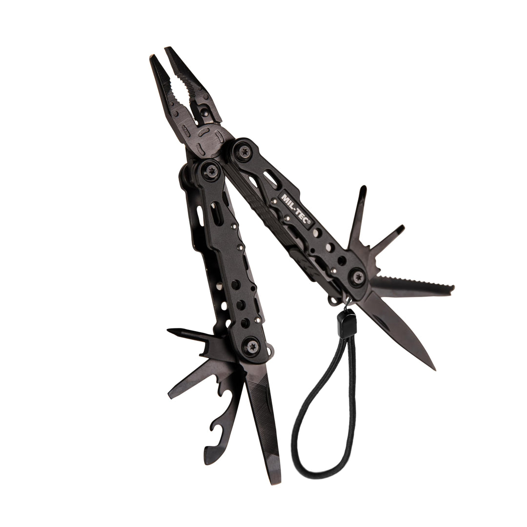 Mil-Tec Multi Tool Schwarz mit Etui • Edelstahl Multifunktionswerkzeug • Taschenwerkzeug mit Zange,