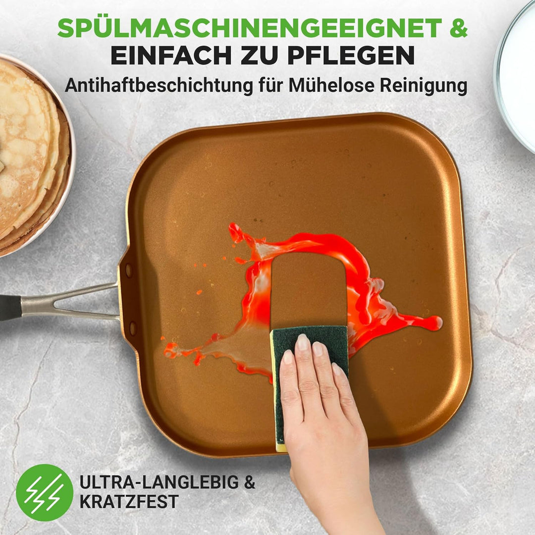 NutriChef Kupfer Bratpfanne Induktion – 28 cm, Antihaft, Viereckig Gesundes Kochen ohne Beschichtung