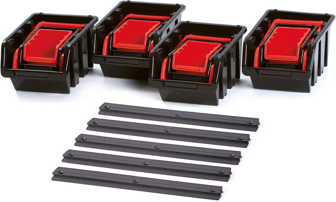 BirnePower Sichtlagerkästen Set KST16, 16er Set Stapelboxen TRUCK mit 5 Wandleisten, Modulares Wandr