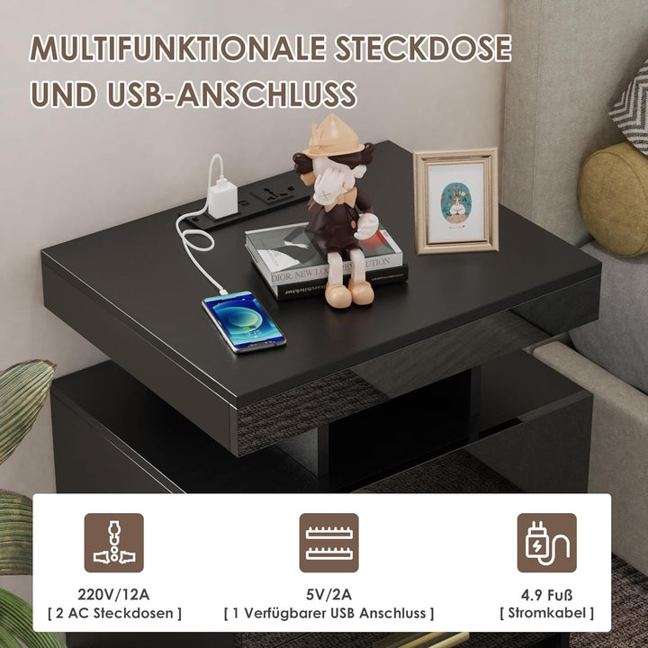 PIPIPOXER Nachttisch Schwarz 2er Set, Nachttisch mit LED, Nachtschrank mit Steckdose und Ladefunktio