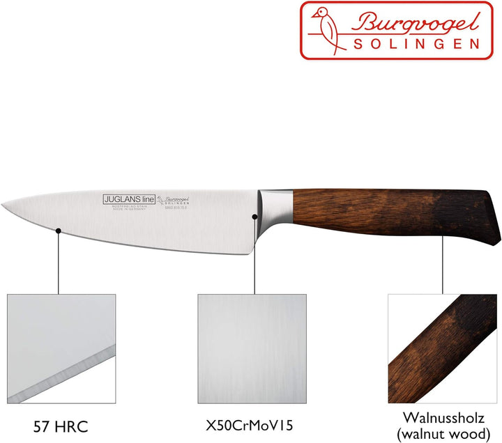 Burgvogel Solingen Juglans Line Kochmesser Walnussholz 15 cm, rostfrei, Küchenmesser scharf geschmie