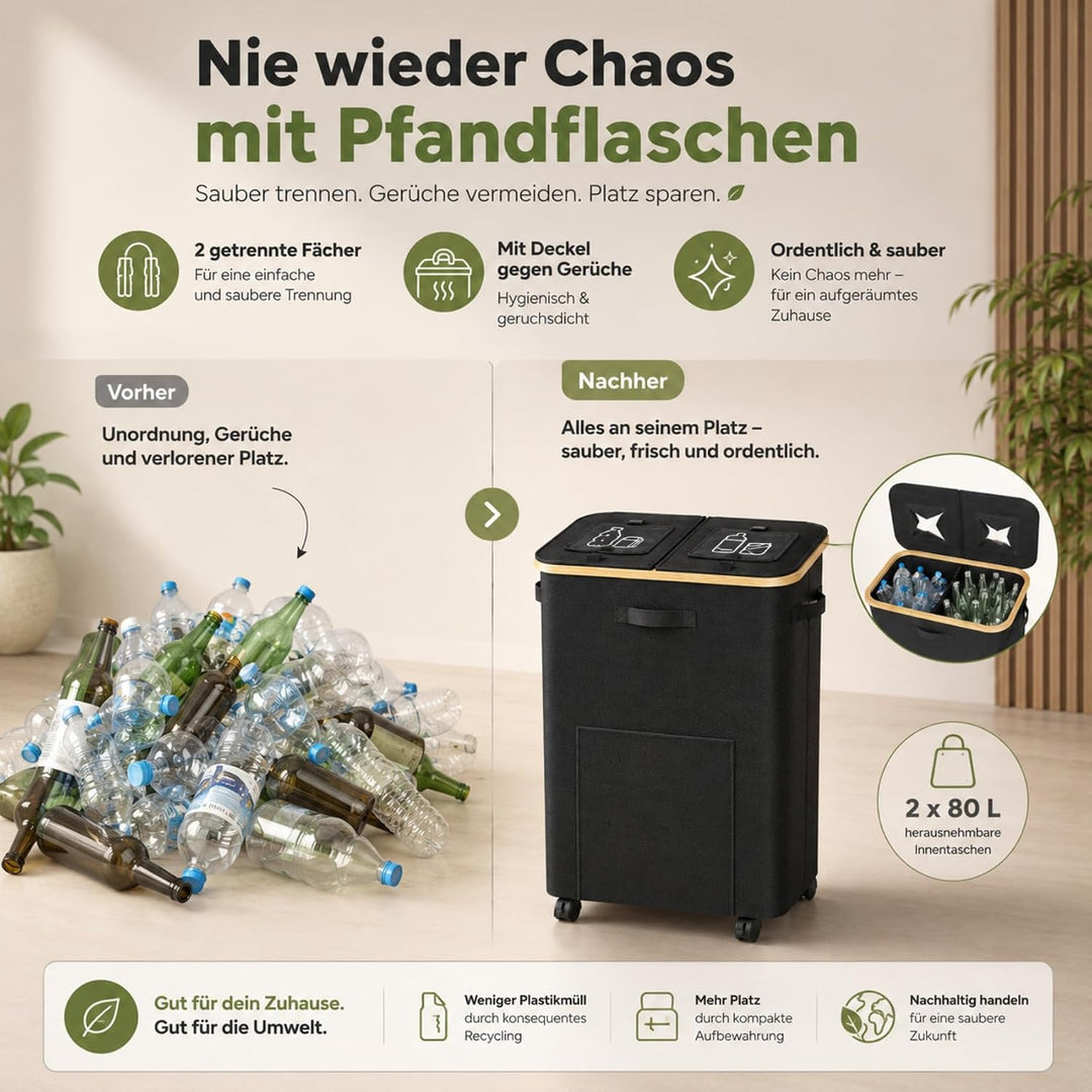 160L Leergut Sammelbehälter mit 2 Fächer, Pfandflaschen Sammelbehälter mit Rollen, Pfandbehälter mit