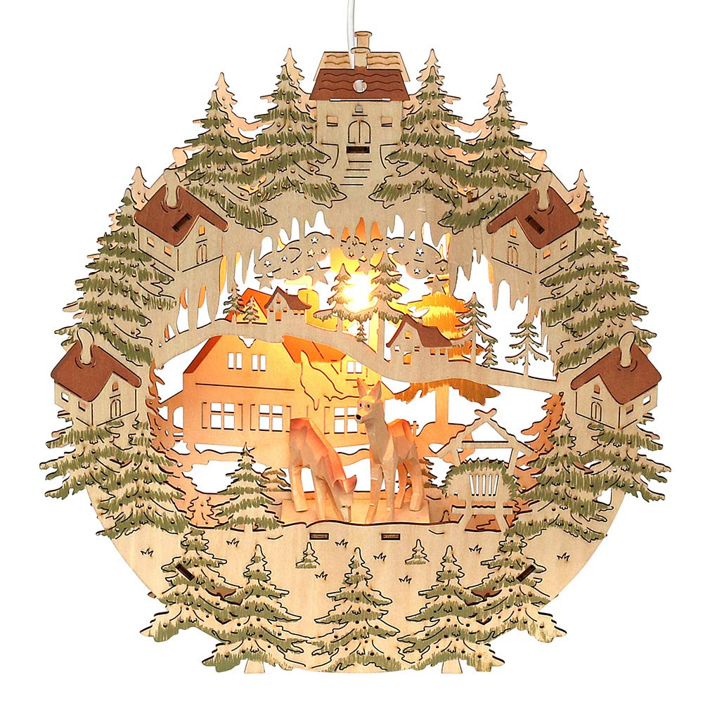 Dekohelden24 Exklusives, beleuchtetes Holz Fensterbild, Motiv: Rehe geschnitzt, 31 cm, Rehe