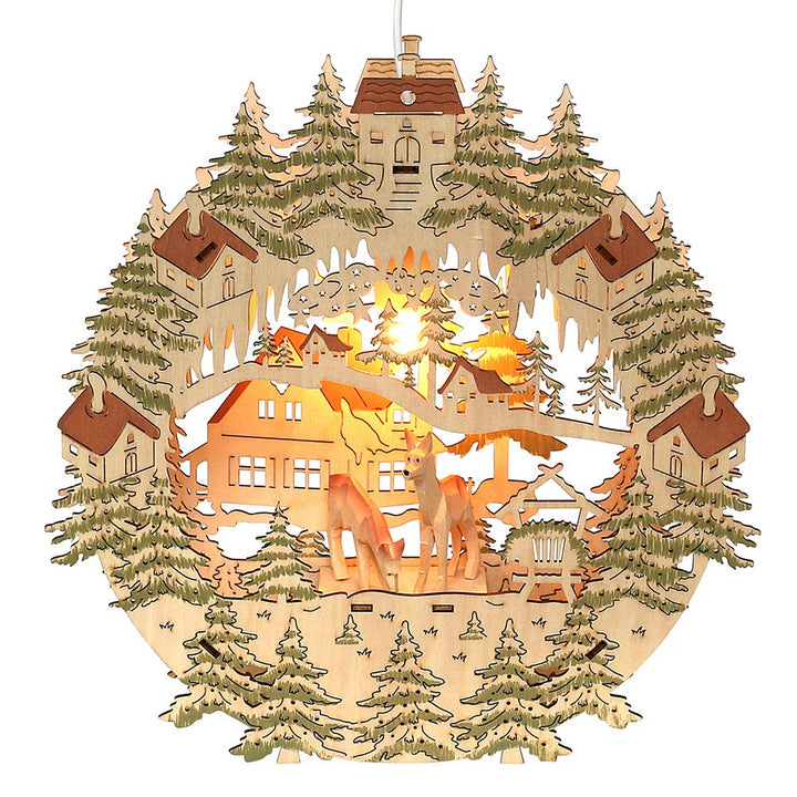 Dekohelden24 Exklusives, beleuchtetes Holz Fensterbild, Motiv: Rehe geschnitzt, 31 cm, Rehe