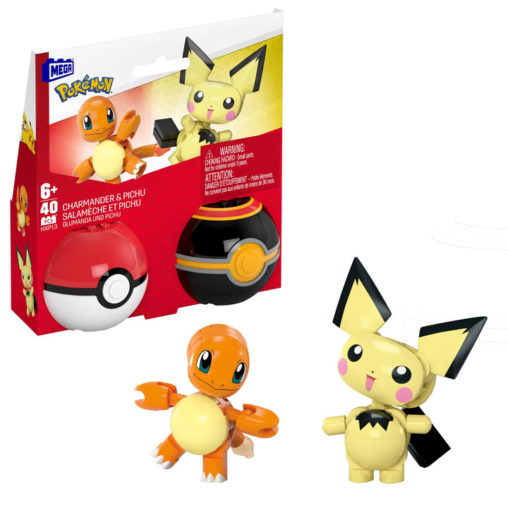 MEGA Pokémon Action-Figur-Bauspielzeug-Set, Pokéball 2er-Pack, Pichu und Charmander mit 40 Teilen, f