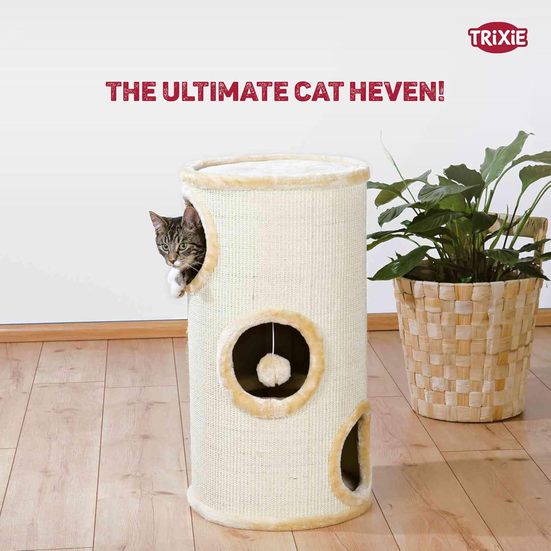 TRIXIE Kratztonne für Katzen Samuel 70 cm in natur/beige – dreistöckige Katzentonne mit gepolsterter