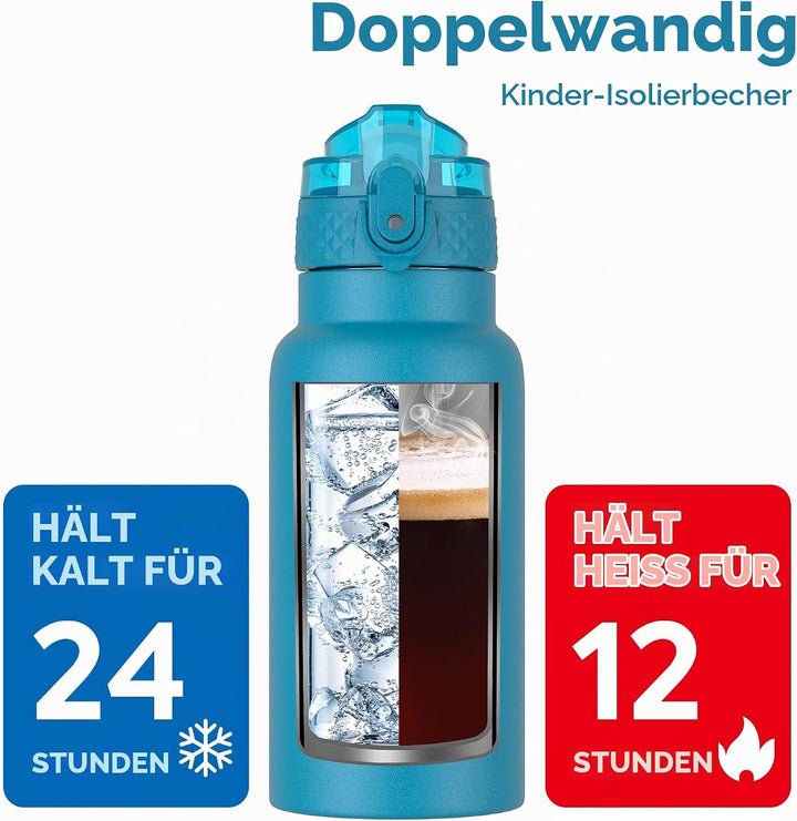 OLDLEY 500ml Kinder Edelstahl Wasserflasche mit Stroh für Schule mit 2 verschiedenen Deckeln, Metall