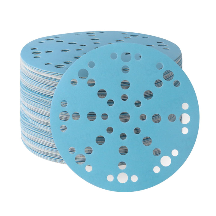 50 Stück Schleifpapier 150 mm Klett 100 Körnung 49 Löcher Keramik Schleifscheiben Blau Staubentfernu