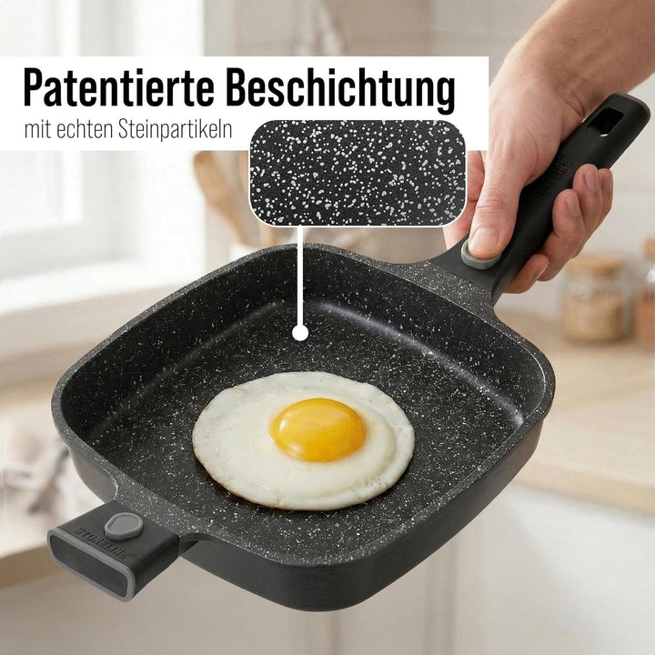 STONELINE SMART Servierpfanne 24 cm, Eckige Pfanne mit Deckel, Abnehmbarer Griff, Aluguss Pfanne Ind
