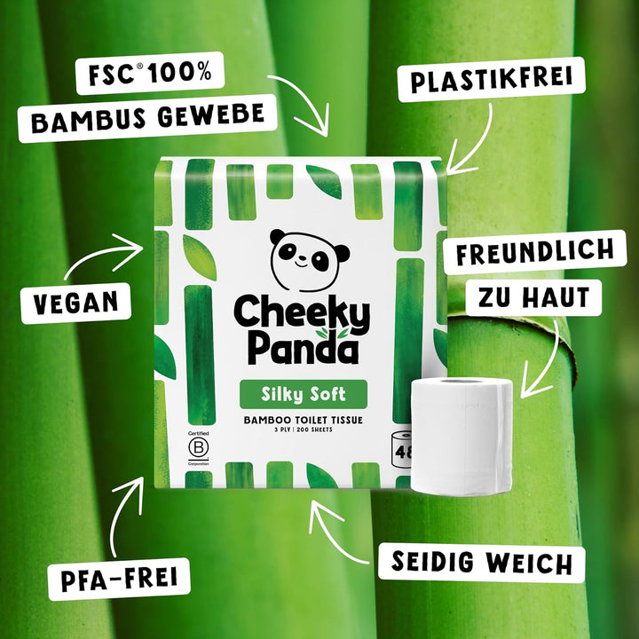 The Cheeky Panda Toilettenpapier aus Bambus - 48 Rollen mit je 200 Blatt - 3-Lagig - Hypoallergen -