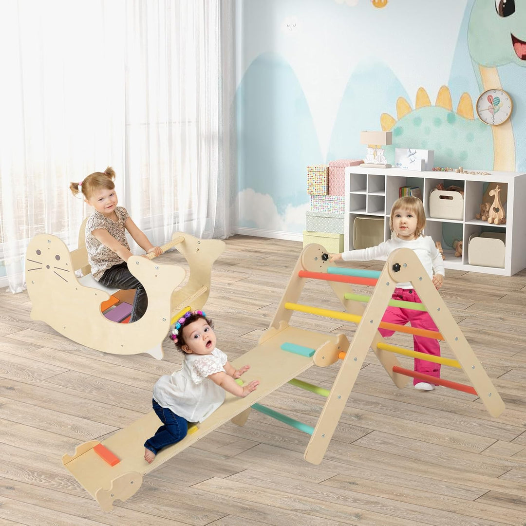 COSTWAY Kletterdreieck mit Rutsche, 7 in 1 Klettergerüst Indoor ab 3 Jahren, Kletterdreieck klappbar