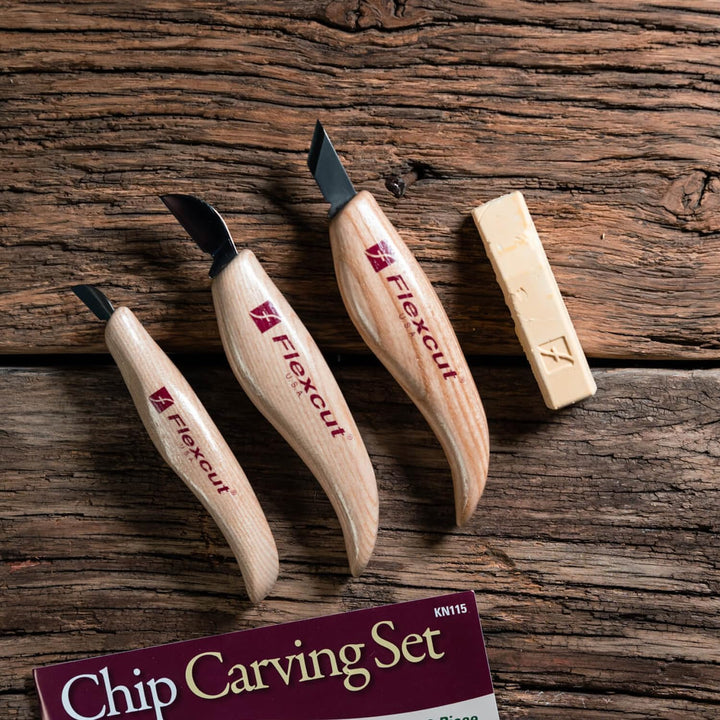 FLEXCUT KN115 - Chip Carving Set 3 Piece, Schnitzmesser, Holzgriff, Kerbschnitzmesser, Wood Carving,