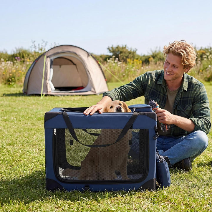 COSTWAY Hundebox Auto, Transportbox Hund faltbar (L-83,5 x 58 x 58 cm,Blau) | Hundetransportbox mit