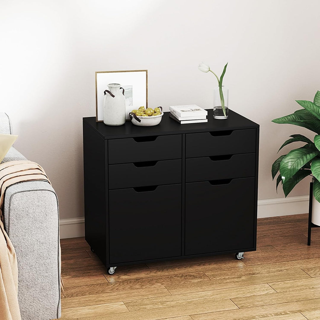 KOMFOTTEU Aktenschrank mit 5 Rollen, Rollcontainer mit 4 Schubladen & 2 Schränken mit Türen, Bürocon
