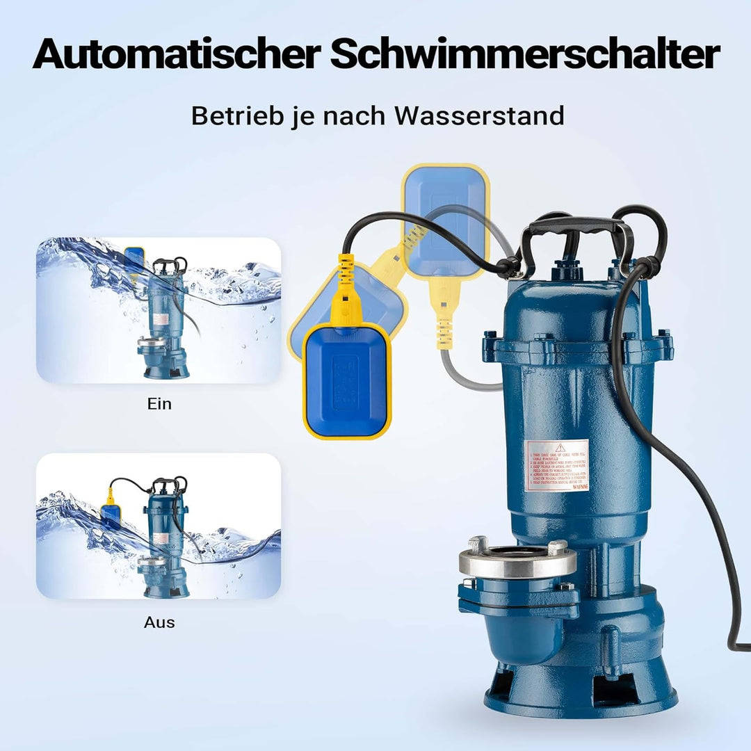 Wiltec Schmutzwasserpumpe 1500W 22800l/h mit Schwimmerschalter max. Förderhöhe 10m mit 20m Schlauch