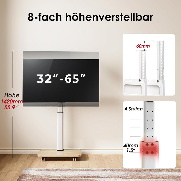 AOKCOS TV Ständer Rollbar mit Holzablage, Fernsehständer auf Rollen für 32-65 Zoll Fernseher, TV Bod