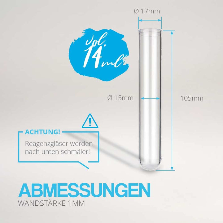 Tuuters 100x Kunststoff Reagenzgläser mit Korken Verschluss Presskorken Reagenzröhrchen (105 x Ø17mm