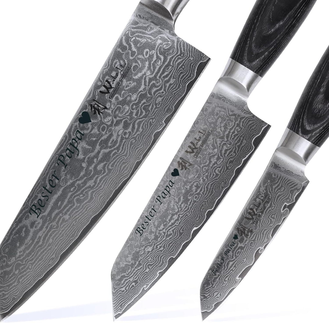 Wakoli EDIB Pro Black Damastmesser Set mit Gravur – Personalisiertes 3er Kiritsuke Messerset, 17cm,