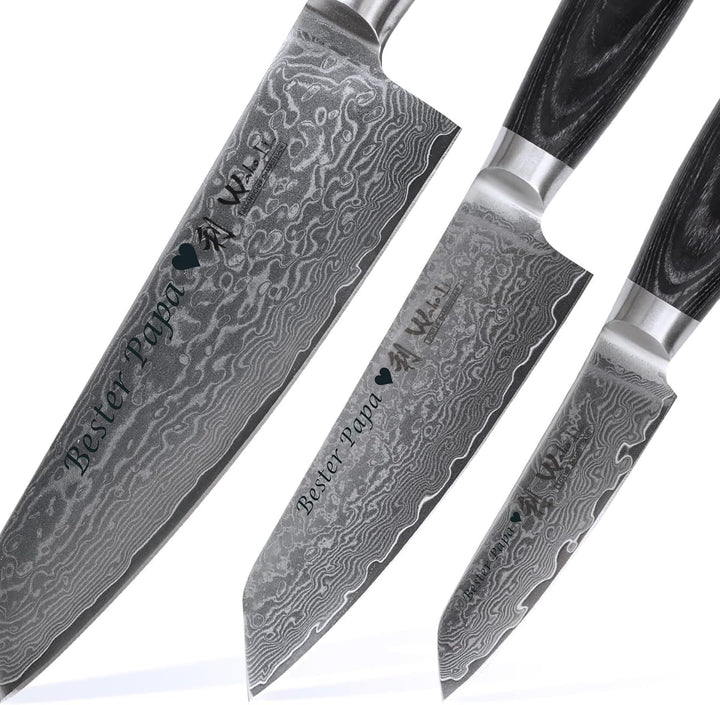 Wakoli EDIB Pro Black Damastmesser Set mit Gravur – Personalisiertes 3er Kiritsuke Messerset, 17cm,