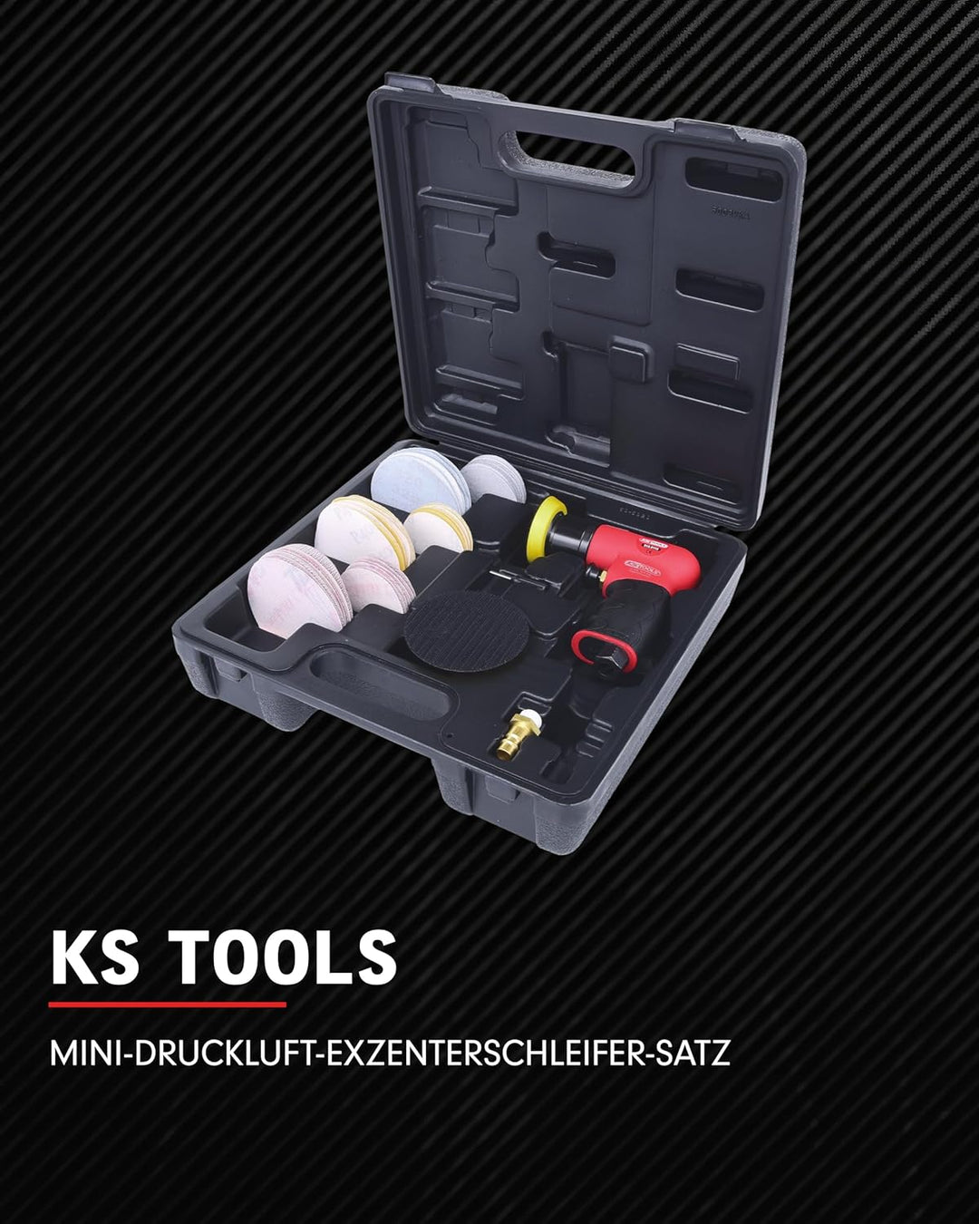 KS Tools Mini Druckluft Exzenterschleifer Satz 515.5110 63-tlg.I Druckluftschleifer mit Klett Schlei