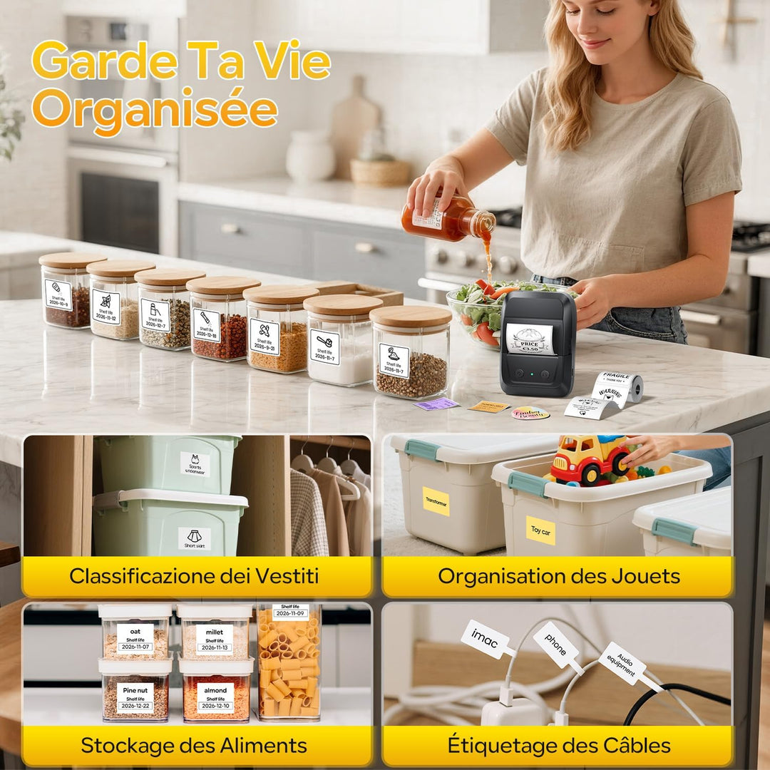 Memoking Etikettendrucker Selbstklebend, Bluetooth Label Printer mit 2000 Symbolen und 300 Vorlagen,