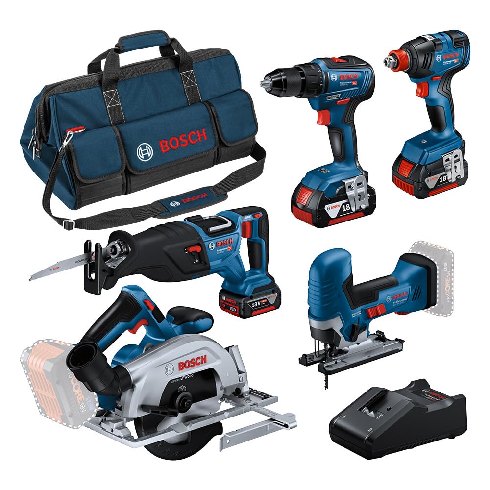 Bosch Professional 18V System Combo Kit: GSR 18V-55 + GST 18V-125 S + GKS 18V-57-2 + GSA 18V-28 + GD