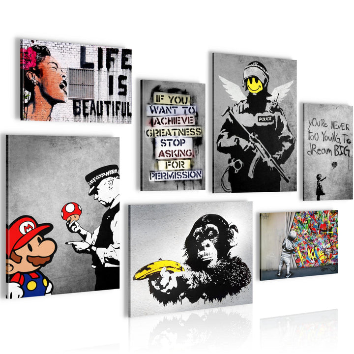 Novart Wandbilder Banksy Collage - KOMPLETT AUFHÄNGFERTIG - Street Art Wohnzimmer Büro- 7 Moderne Mo